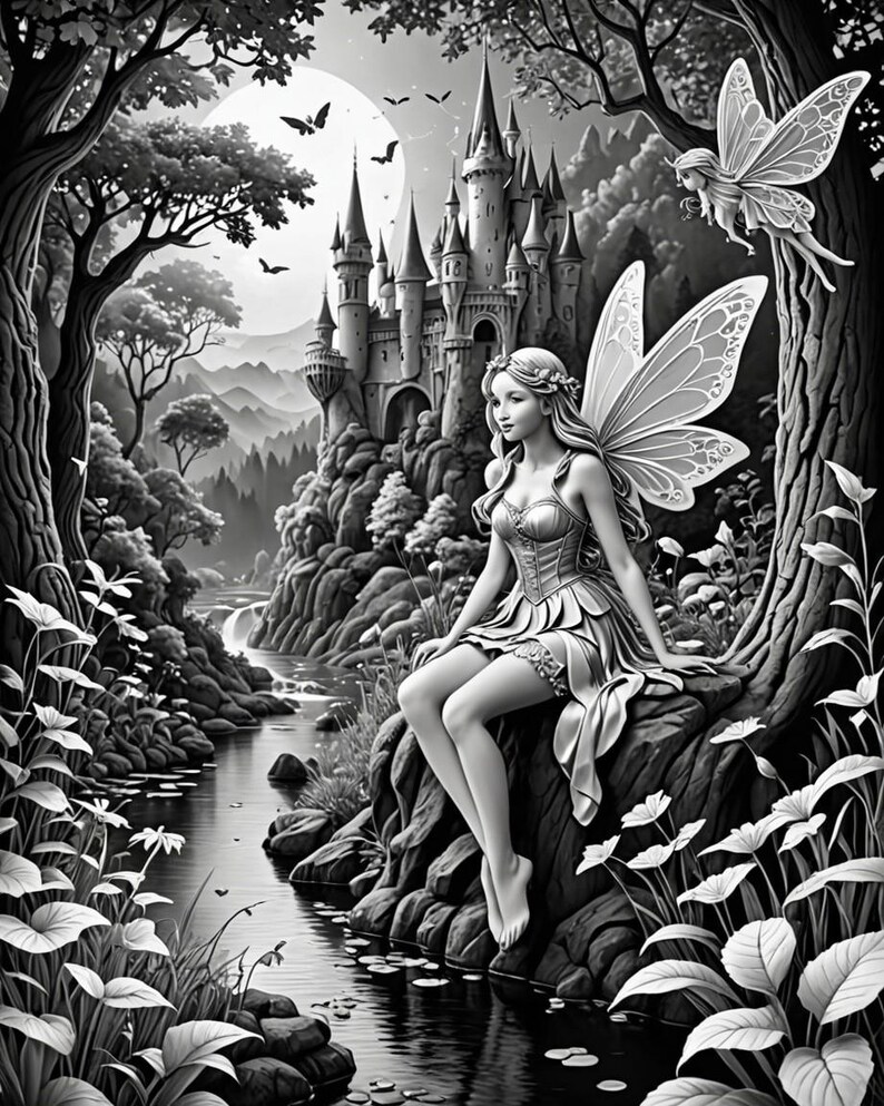 May include: A black and white illustration of a fairy sitting on a rock by a stream. The fairy has wings and a flower crown. In the background is a castle and a full moon.