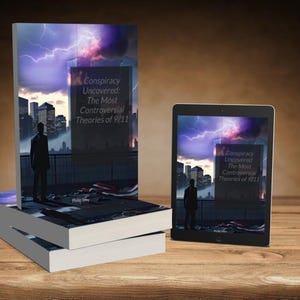Peut inclure: Plusieurs livres et une tablette pr&eacute;sentent la couverture de "Conspiracy Uncovered: The Most Controversial Theories of 9/11". La couverture montre une silhouette humaine devant un paysage urbain orageux.