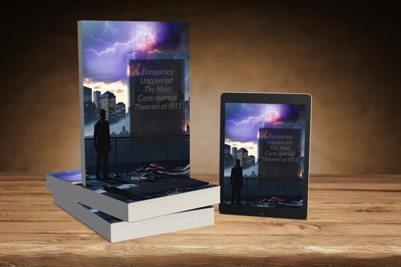 Peut inclure: Plusieurs livres et une tablette pr&eacute;sentent la couverture de "Conspiracy Uncovered: The Most Controversial Theories of 9/11". La couverture montre une silhouette humaine devant un paysage urbain orageux.