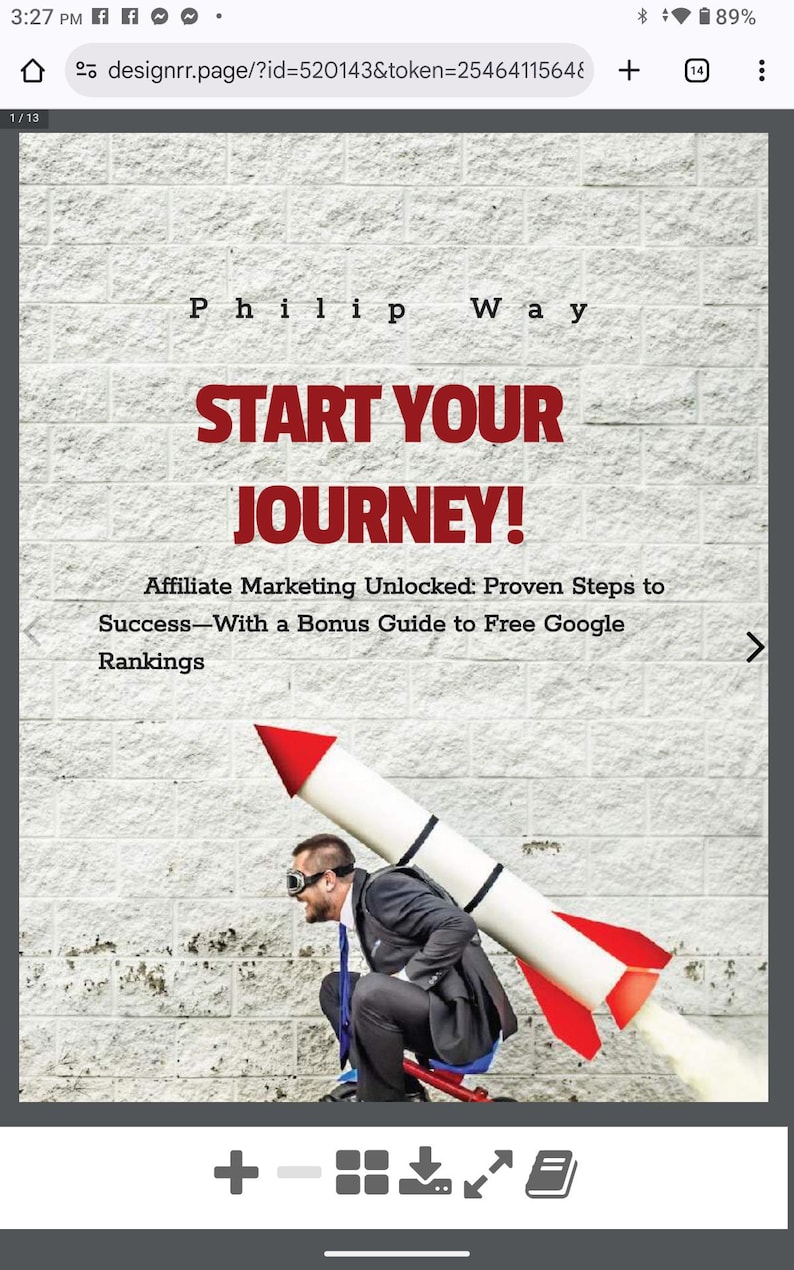 May include: Image of a book cover with the title "START YOUR JOURNEY!" and the author's name, Philip Way. The cover features a man in a suit with a rocket strapped to his back, squatting down. The background is a textured, light gray wall.