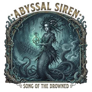 Pu&ograve; includere: Un'illustrazione grafica raffigurante una sirena con una coda scura squamosa e tentacoli, che tiene in mano un globo luminoso. Il testo ABYSSAL SIREN e SONG OF THE DROWNED incornicia la scena, che include una nave affondata in un arco ornato.