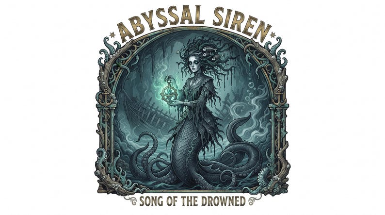 Pu&ograve; includere: Un'illustrazione grafica raffigurante una sirena con una coda scura squamosa e tentacoli, che tiene in mano un globo luminoso. Il testo ABYSSAL SIREN e SONG OF THE DROWNED incornicia la scena, che include una nave affondata in un arco ornato.