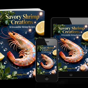 May include: A cookbook titled "Savory Shrimp Creations" with a large shrimp, lemon slices, and garlic. The book is displayed on a table next to a tablet and a smartphone, both showing the same cover design. The book cover text reads "50 Irresistible Shrimp Recipes."