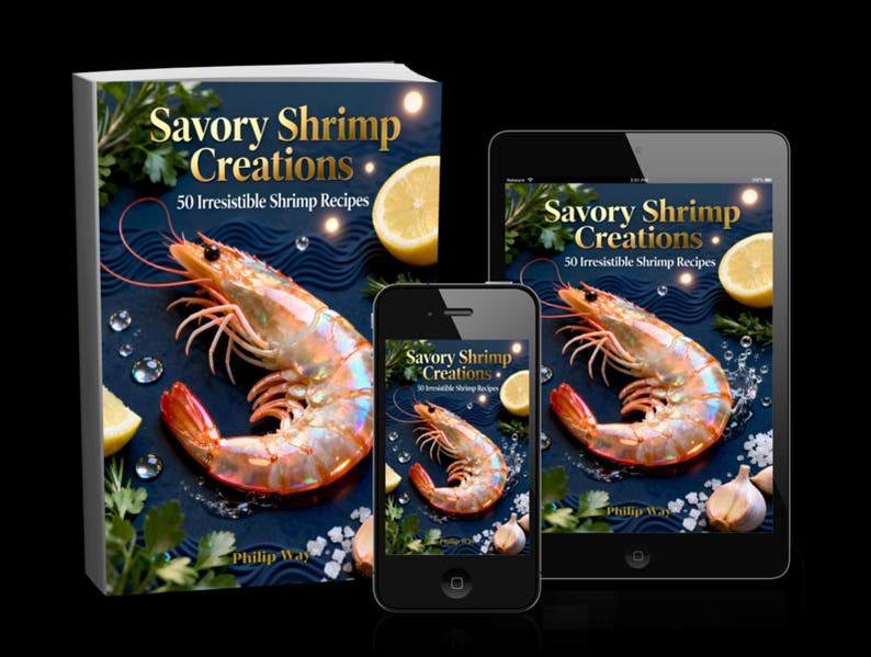 May include: A cookbook titled "Savory Shrimp Creations" with a large shrimp, lemon slices, and garlic. The book is displayed on a table next to a tablet and a smartphone, both showing the same cover design. The book cover text reads "50 Irresistible Shrimp Recipes."