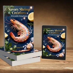 May include: A stack of cookbooks and a tablet displaying the cover of "Savory Shrimp Creations: 50 Irresistible Shrimp Recipes." The cover art features a large shrimp, lemon slices, and garlic cloves on a dark blue background.