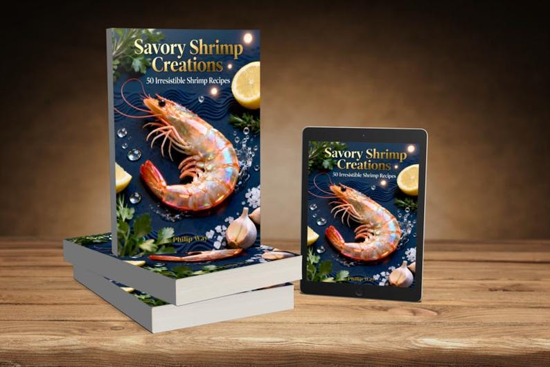 May include: A stack of cookbooks and a tablet displaying the cover of "Savory Shrimp Creations: 50 Irresistible Shrimp Recipes." The cover art features a large shrimp, lemon slices, and garlic cloves on a dark blue background.