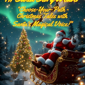 Pode incluir: Ilustração digital festiva com o Pai Natal de fato vermelho e trenó, num cenário de neve com uma árvore de Natal. O texto diz "Al Santa Story Weaver" e "Choose-Your-Path - Christmas Tales with Santa's Magical Voice!"
