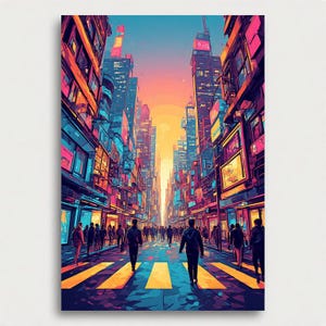 May include: An artistic print of a city street scene with tall buildings and pedestrians. The artwork features vibrant colors, including pink, orange, blue, and yellow. People are walking on a crosswalk. The style is reminiscent of a digital painting.