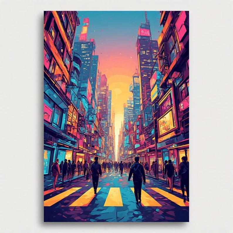 May include: An artistic print of a city street scene with tall buildings and pedestrians. The artwork features vibrant colors, including pink, orange, blue, and yellow. People are walking on a crosswalk. The style is reminiscent of a digital painting.