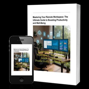 K&ouml;nnte beinhalten: Ein Buch und ein Smartphone, die das Cover von "Mastering Your Remote Workspace: The Ultimate Guide to Boosting Productivity and Well-Being" zeigen. Das Buch ist wei&szlig; mit schwarzem Text und einem Bild eines Remote-Arbeitsplatzes.