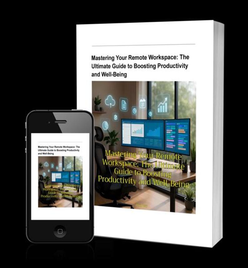K&ouml;nnte beinhalten: Ein Buch und ein Smartphone, die das Cover von "Mastering Your Remote Workspace: The Ultimate Guide to Boosting Productivity and Well-Being" zeigen. Das Buch ist wei&szlig; mit schwarzem Text und einem Bild eines Remote-Arbeitsplatzes.