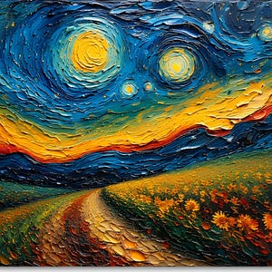 Op de afbeelding: Impasto olieverfschilderij van een sterrennachtlandschap. Wervelende blauwe en gele lucht met twee grote gele zonnen. Een pad leidt door een veld met zonnebloemen. Het kunstwerk maakt gebruik van dikke penseelstreken en levendige kleuren.