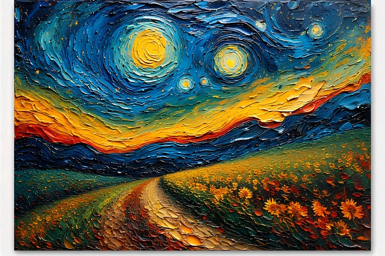 Op de afbeelding: Impasto olieverfschilderij van een sterrennachtlandschap. Wervelende blauwe en gele lucht met twee grote gele zonnen. Een pad leidt door een veld met zonnebloemen. Het kunstwerk maakt gebruik van dikke penseelstreken en levendige kleuren.