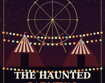 Può includere: Un poster viola scuro con una ruota panoramica gialla, due tende a righe e fili di luci colorate sotto una luna crescente. Il testo recita THE HAUNTED CARNIVAL ENGINE, 600 Creepy3D Story Starters for the Carnival Nights Included.