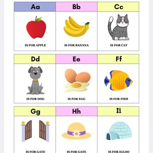 May include: A colorful chart with the letters of the alphabet, each letter is paired with a picture and a word that starts with that letter. For example, the letter A is paired with an apple and the word "apple".