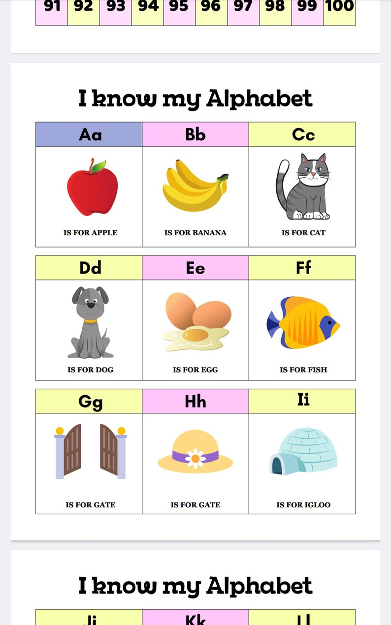 May include: A colorful chart with the letters of the alphabet, each letter is paired with a picture and a word that starts with that letter. For example, the letter A is paired with an apple and the word "apple".