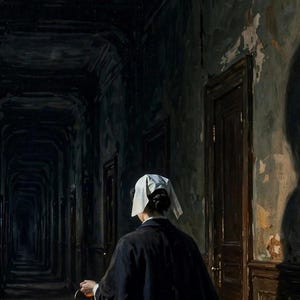 K&ouml;nnte beinhalten: Ein Gem&auml;lde, das eine Person in einem dunklen Mantel und mit wei&szlig;er Kopfbedeckung zeigt, die in einem langen, schwach beleuchteten Flur mit mehreren Holzt&uuml;ren und abbl&auml;tternder Farbe an den W&auml;nden steht, mit einem markanten, dunklen, welligen Schatten.