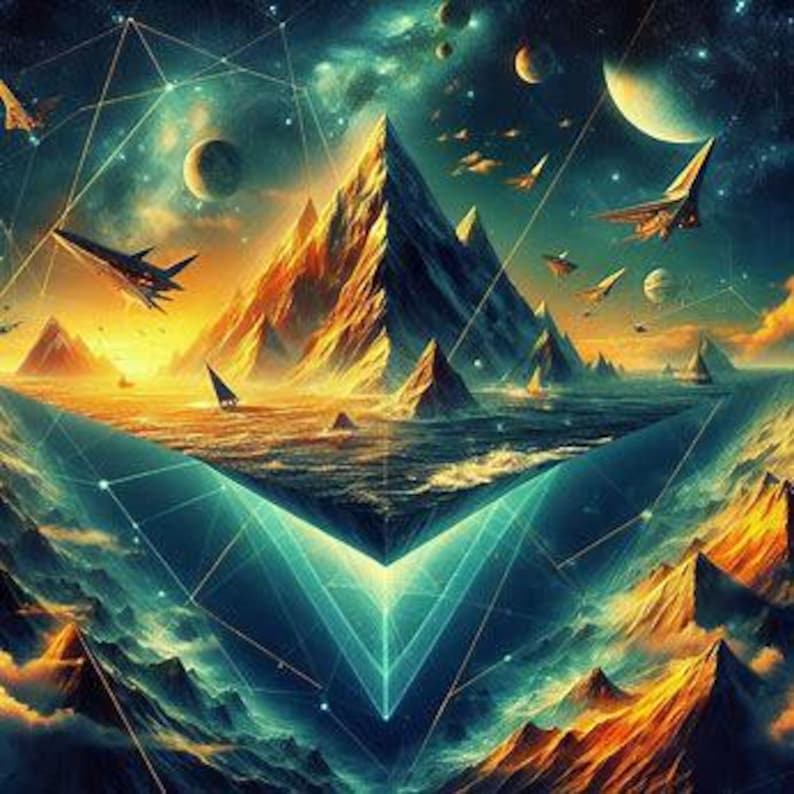 May include: An artistic digital painting depicts a surreal landscape with floating pyramids and celestial bodies. The color palette includes shades of blue, gold, and orange, with geometric lines overlaying the scene. Airplanes and other flying objects are also present.