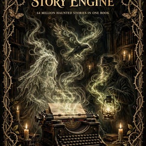 K&ouml;nnte beinhalten: Ein Buchcover mit dem Titel The Haunted Story Engine, 64 Million Haunted Stories In One Book, das eine alte Schreibmaschine, eine Geisterbraut, einen Mann mit Laterne, einen fliegenden Raben und Kerzen zeigt, umrahmt von Dornen und Motten.