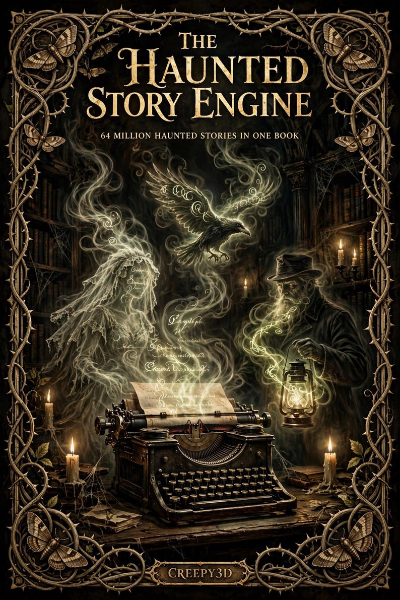 K&ouml;nnte beinhalten: Ein Buchcover mit dem Titel The Haunted Story Engine, 64 Million Haunted Stories In One Book, das eine alte Schreibmaschine, eine Geisterbraut, einen Mann mit Laterne, einen fliegenden Raben und Kerzen zeigt, umrahmt von Dornen und Motten.