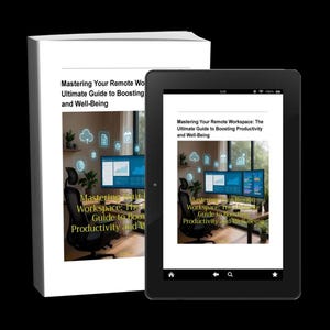 K&ouml;nnte beinhalten: Ein Buch und ein Tablet, die das Cover von "Mastering Your Remote Workspace: The Ultimate Guide to Boosting Productivity and Well-Being" zeigen. Das Buch ist wei&szlig;, und das Tablet ist schwarz.