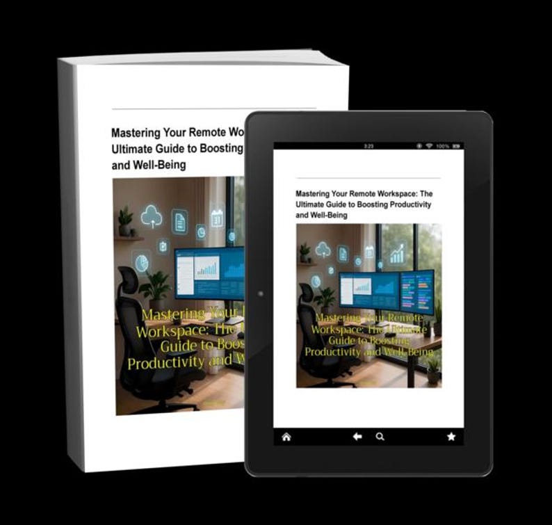 K&ouml;nnte beinhalten: Ein Buch und ein Tablet, die das Cover von "Mastering Your Remote Workspace: The Ultimate Guide to Boosting Productivity and Well-Being" zeigen. Das Buch ist wei&szlig;, und das Tablet ist schwarz.