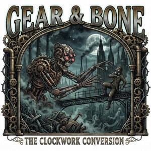 Pu&ograve; includere: Un'illustrazione grafica intitolata GEAR & BONE THE CLOCKWORK CONVERSION che raffigura uno scheletro meccanico con occhi rossi che si protende verso una persona con maschera antigas su un ponte, in una citt&agrave; industriale scura con luna piena.