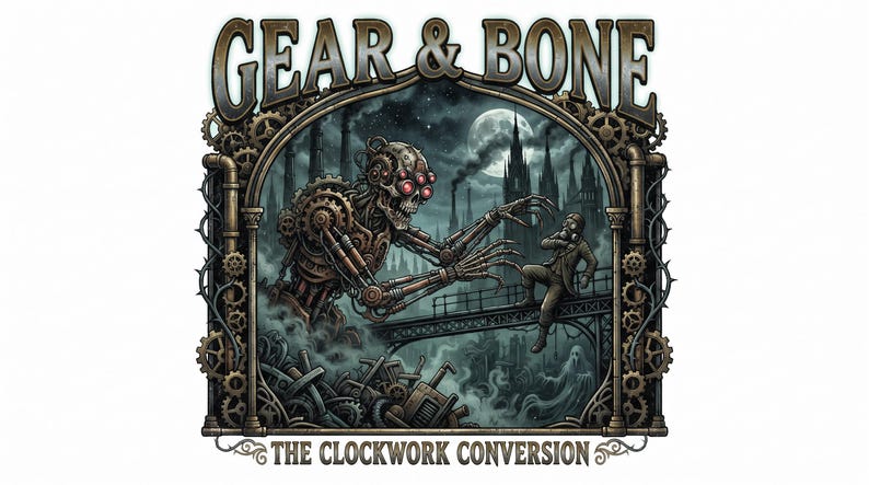 Pu&ograve; includere: Un'illustrazione grafica intitolata GEAR & BONE THE CLOCKWORK CONVERSION che raffigura uno scheletro meccanico con occhi rossi che si protende verso una persona con maschera antigas su un ponte, in una citt&agrave; industriale scura con luna piena.