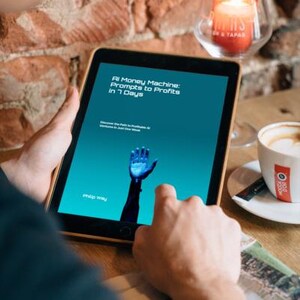 May include: A person holding a tablet displaying the book cover "AI Money Machine: Prompts to Profits in 7 Days." The cover features a blue robotic hand. A lit candle and a cup of coffee are also visible.