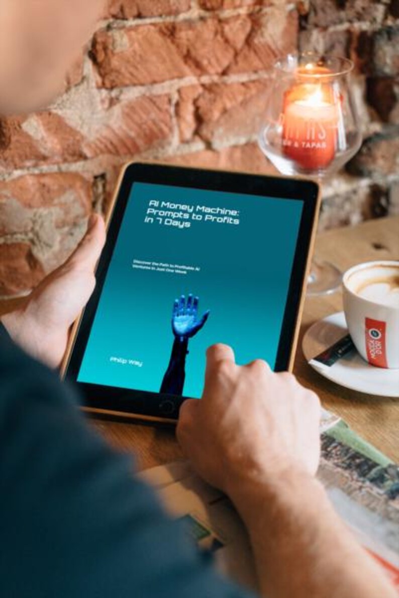 May include: A person holding a tablet displaying the book cover "AI Money Machine: Prompts to Profits in 7 Days." The cover features a blue robotic hand. A lit candle and a cup of coffee are also visible.