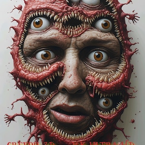 Puede incluir: Una imagen digital grotesca de un rostro humano, distorsionado con m&uacute;ltiples ojos y bocas llenas de dientes afilados. La cara est&aacute; parcialmente cubierta por un crecimiento rojo y texturizado. El texto en la parte inferior dice "CREEPY 3D - 16K ULTRA HD HORROR COLLECTION."