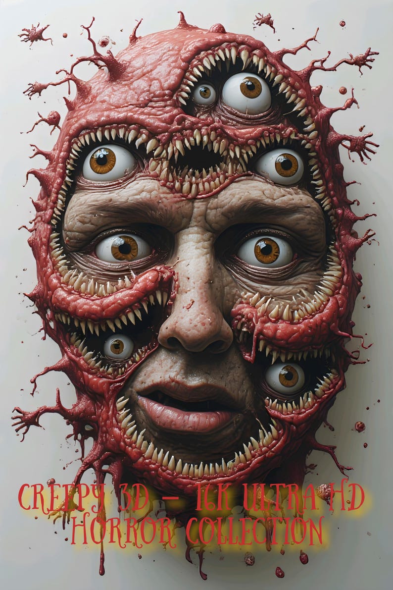 Puede incluir: Una imagen digital grotesca de un rostro humano, distorsionado con m&uacute;ltiples ojos y bocas llenas de dientes afilados. La cara est&aacute; parcialmente cubierta por un crecimiento rojo y texturizado. El texto en la parte inferior dice "CREEPY 3D - 16K ULTRA HD HORROR COLLECTION."