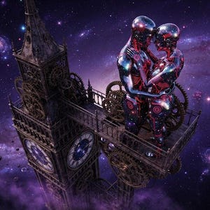 May include: Two metallic, chrome-finished humanoid figures with glowing red internal circuitry embrace on a platform attached to a dark, ornate clock tower. The scene is set against a vast, deep purple nebula filled with distant stars and planets.