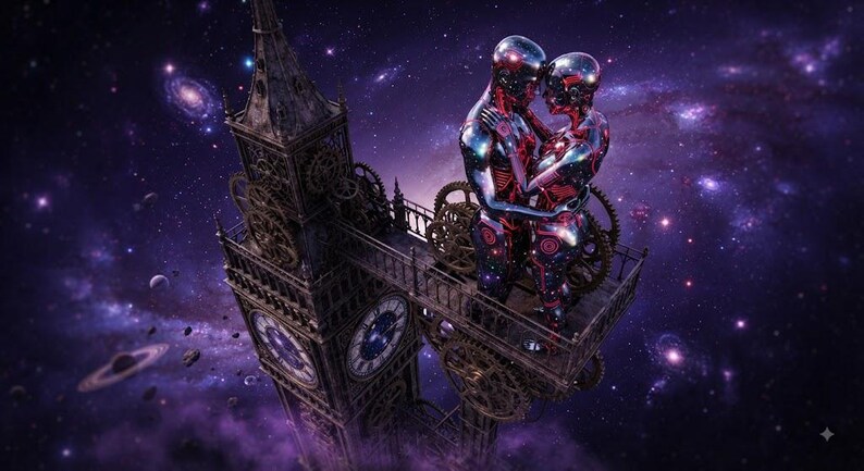 May include: Two metallic, chrome-finished humanoid figures with glowing red internal circuitry embrace on a platform attached to a dark, ornate clock tower. The scene is set against a vast, deep purple nebula filled with distant stars and planets.