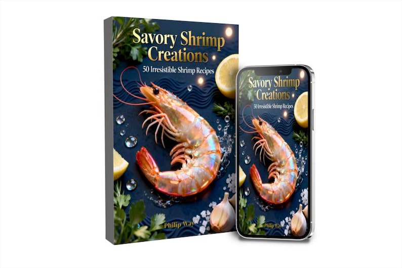 May include: A cookbook and a smartphone display the cover of "Savory Shrimp Creations," featuring a large shrimp with a dark blue background. The book and phone also display the text "50 Irresistible Shrimp Recipes."