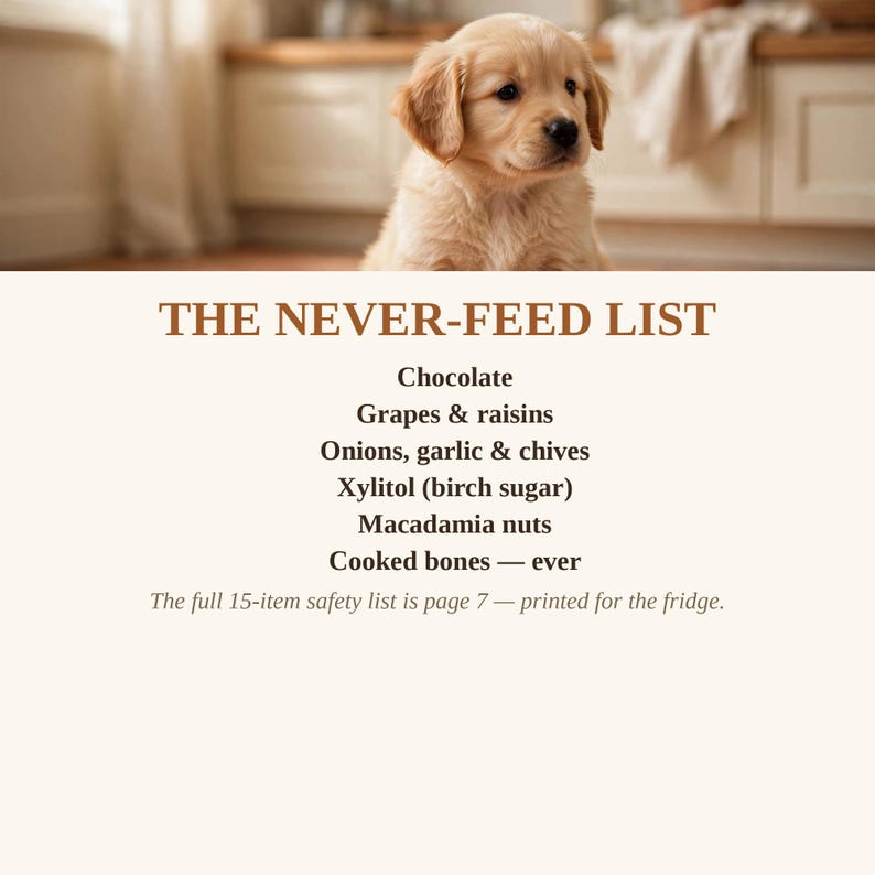May include: A light-colored puppy sits above text that reads THE NEVER-FEED LIST, followed by items including chocolate, grapes, raisins, onions, garlic, chives, xylitol, macadamia nuts, and cooked bones, with a note about a 15-item safety list.