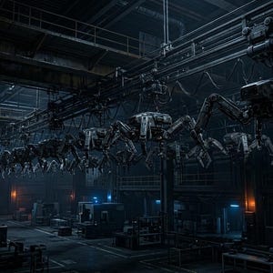 May include: A series of dark grey, multi-legged robotic machines suspended from an overhead industrial rail system within a dimly lit, cavernous factory setting featuring metallic structures, machinery, and faint blue and orange ambient lighting.