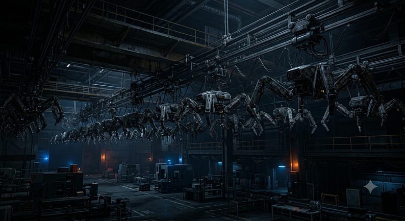 May include: A series of dark grey, multi-legged robotic machines suspended from an overhead industrial rail system within a dimly lit, cavernous factory setting featuring metallic structures, machinery, and faint blue and orange ambient lighting.