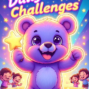 May include: A vibrant illustration of a purple bear holding a star, promoting "Daily Glow Challenges." The image features text that reads "30 Days to Master Kindness, Patience & Sharing" and "AI Imagination Lab."