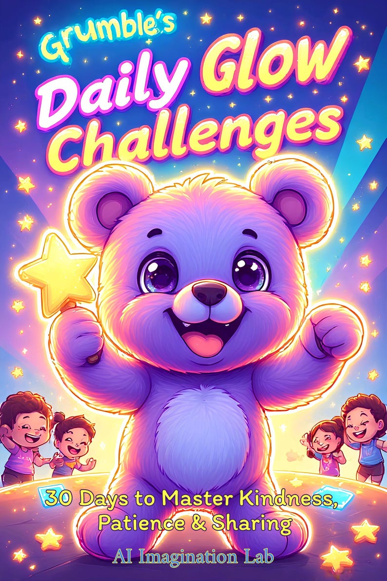 May include: A vibrant illustration of a purple bear holding a star, promoting "Daily Glow Challenges." The image features text that reads "30 Days to Master Kindness, Patience & Sharing" and "AI Imagination Lab."