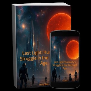 May include: A book and a smartphone display the cover art for "Last Light: Humanity's Struggle in the Age." The artwork features figures silhouetted against a futuristic cityscape and a fiery red planet in a space setting. The author's name, Philip Way, is visible.
