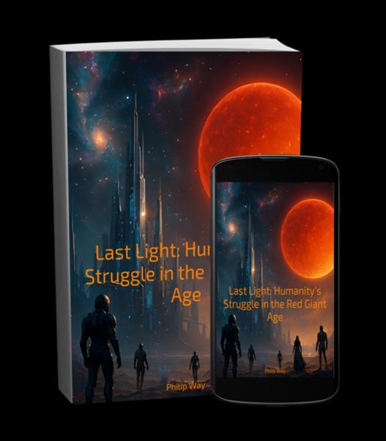 May include: A book and a smartphone display the cover art for "Last Light: Humanity's Struggle in the Age." The artwork features figures silhouetted against a futuristic cityscape and a fiery red planet in a space setting. The author's name, Philip Way, is visible.