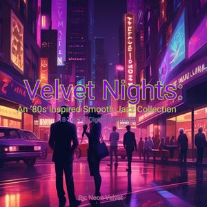 May include: Digital album cover art for "Velvet Nights: An '80s Inspired Smooth Jazz Collection." The image depicts a neon-lit city street scene with silhouetted figures, cars, and vibrant purple and pink hues. Text includes the album title and artist.