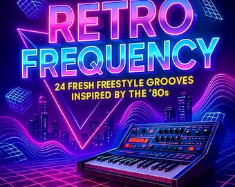 May include: A neon-themed graphic with the words "Retro Frequency" in pink and blue. Below, it reads "24 Fresh Freestyle Grooves Inspired by the '80s." A synthesizer with a keyboard is in the foreground, with a cityscape and geometric shapes in the background.