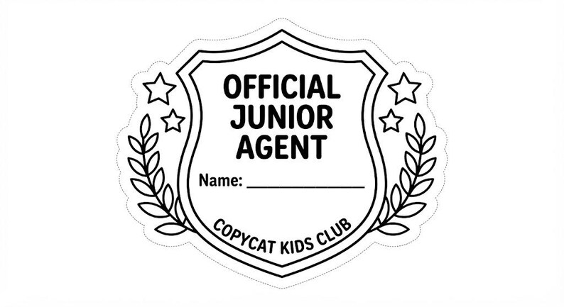 May include: A black and white sticker shaped like a shield featuring the text OFFICIAL JUNIOR AGENT, a line for a name, and the text COPYCAT KIDS CLUB. The design includes two stars on each side and laurel leaf branches flanking the shield.