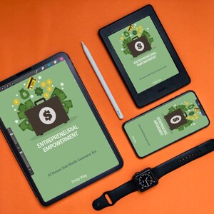 May include: An orange surface with a black tablet, e-reader, smartphone, and smartwatch. The screens show a graphic with a briefcase, dollar sign, and text: "ENTREPRENEURIAL EMPOWERMENT". A white stylus is also present.