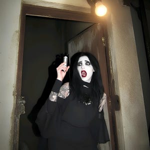 May include: A person with pale skin, dark hair, and dark clothing stands in a doorway, holding a silver object. The person has dark eye makeup and red lipstick, with an open mouth. A lightbulb hangs from the ceiling.