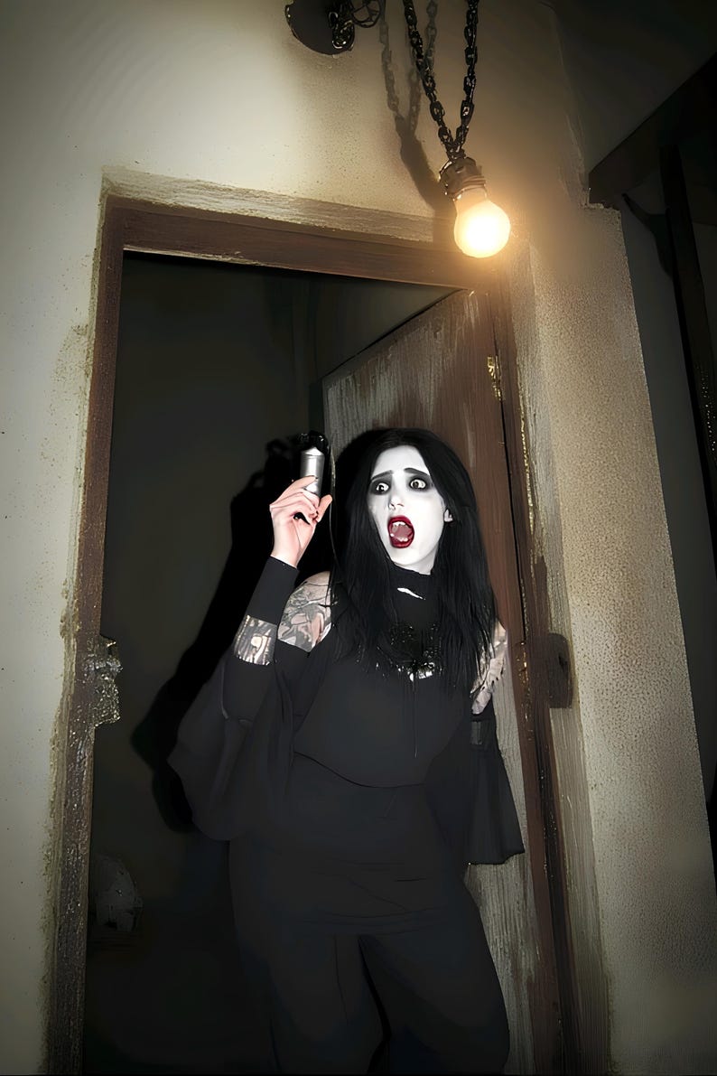May include: A person with pale skin, dark hair, and dark clothing stands in a doorway, holding a silver object. The person has dark eye makeup and red lipstick, with an open mouth. A lightbulb hangs from the ceiling.