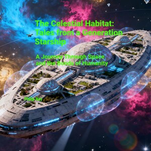 Op de afbeelding: Digitale illustratie van een futuristisch ruimteschip in de ruimte, met de tekst "The Celestial Habitat: Tales from a Generation Starship" en "A Journey Through Space and the Bonds of Humanity". De afbeelding heeft een levendige nevelachtergrond.