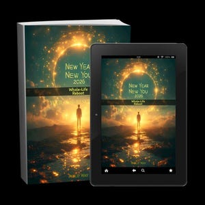 Może przedstawiać: Książka i tablet prezentują okładkę "New Year New You 2026: Whole-Life Reboot". Projekt przedstawia sylwetkę na tle jasnego, złotego światła, z tekstem i niebiańskim pierścieniem. Książka jest po lewej, a tablet po prawej.